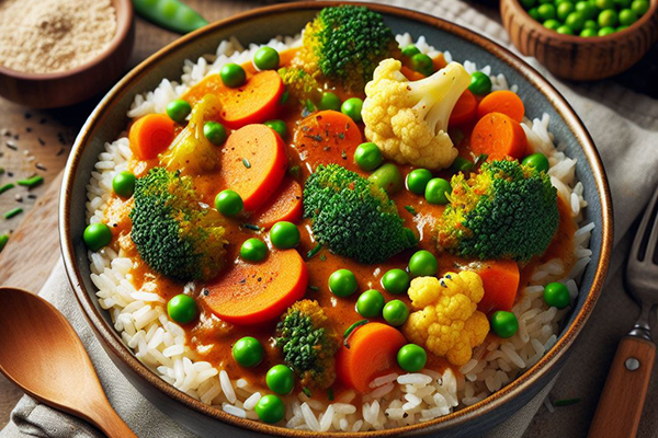 Curry de verduras vegano con arroz integral