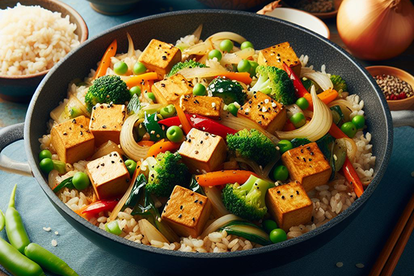 Salteado de tofu con verduras y arroz integral