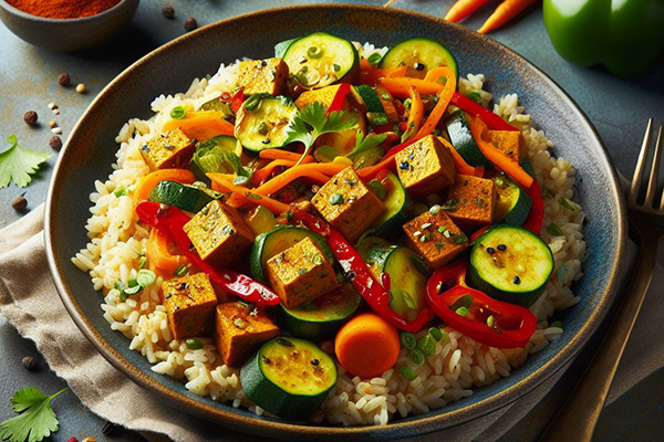 Tempeh al curry con arroz integral y verduras
