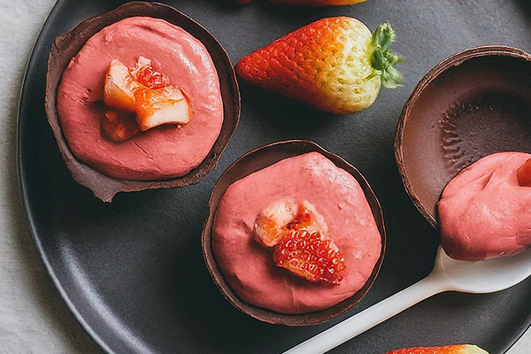 Nidos de Pascua de chocolate vegano con mousse de fresa