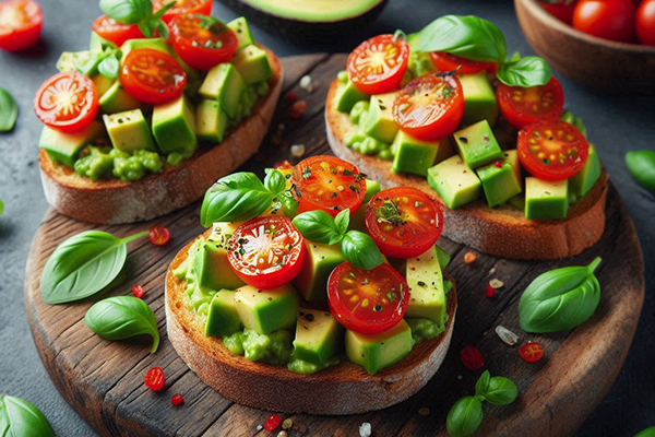 Bruschettas veganas de aguacate con tomate cherry y albahaca fresca