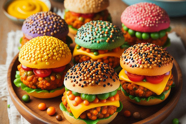 Mini hamburguesas de lentejas con panecillos de colores