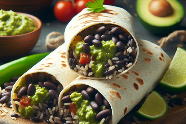 Burritos de frijoles negros con arroz y guacamole